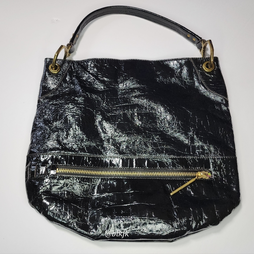 orYANY Lucy Black Patent Leather Hobo Bag With Brass Hardware NWOT